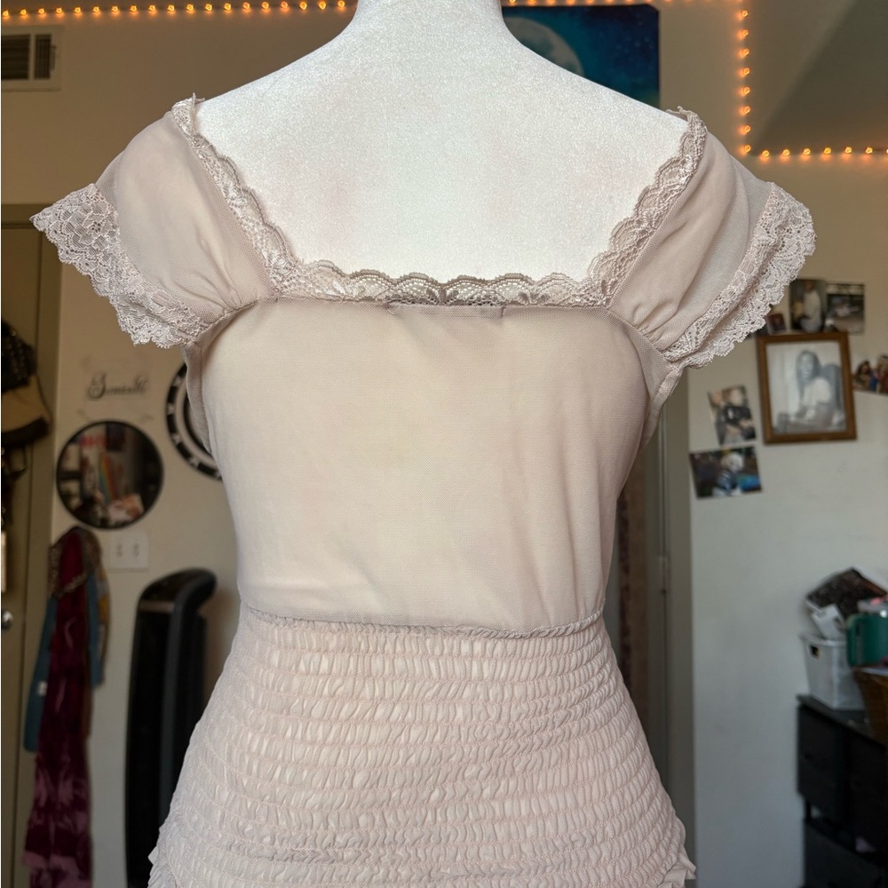 Beige Ruched Top with Lace Trim - Picture 2 of 6